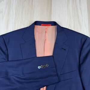 Isaia Napoli Mens Blue Windowpane Wool Classic 160's Aqua Spider Blazer Size 44